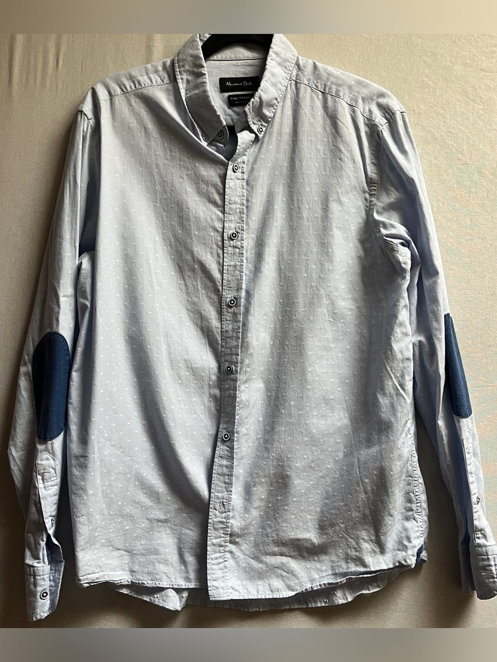 Massimo Dutti Light Blue Dotted Button Down Shirt L Navy Elbow Patches